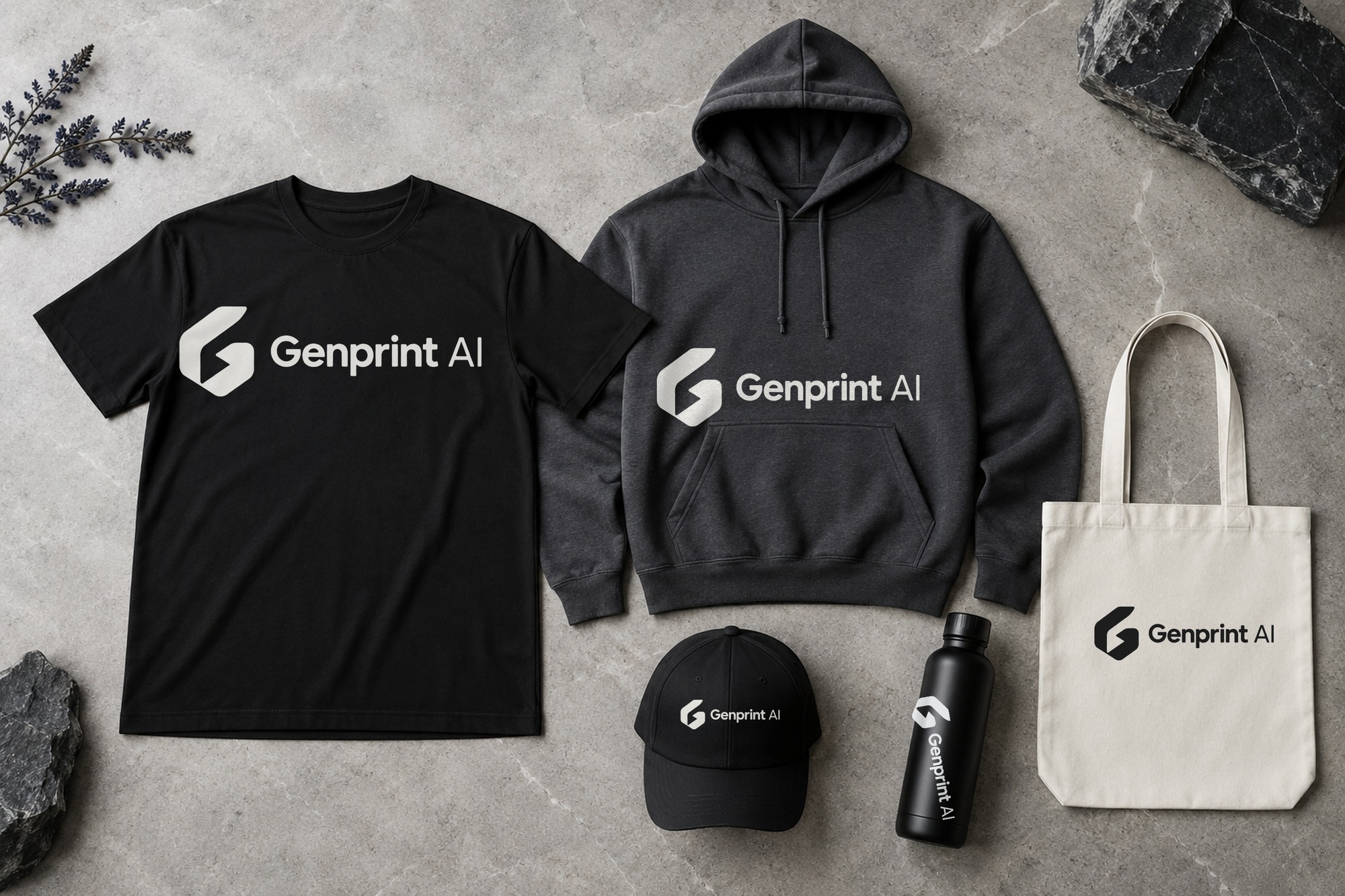 GenPrint logo mockup on a T-shirt, hoodie, tote, cap and bottle