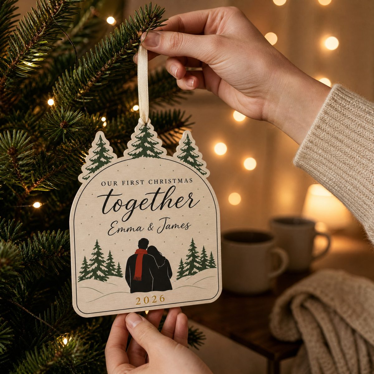 A first Christmas together ornament held by the tree
