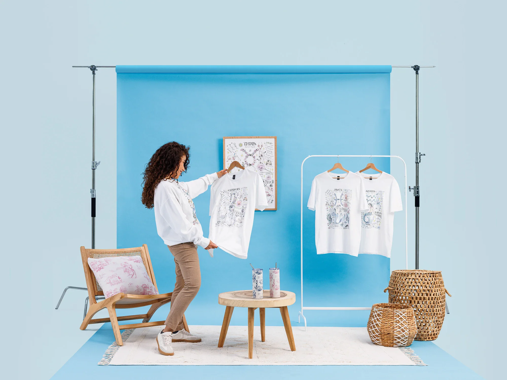 Ioola Co. apparel and homeware in a blue studio set